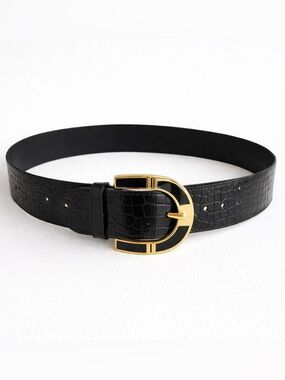 Vintage Avignon Black Croc Embossed Leather Belt Gold Buckle Statement Wide Belt